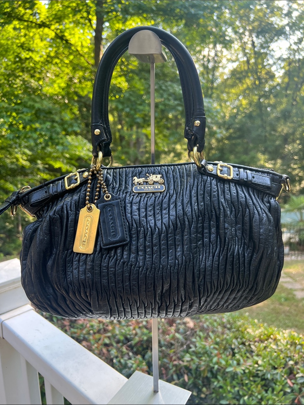Coach Black Ruched Leather Madison Sophia Satchel with Gold Accents 2 tags